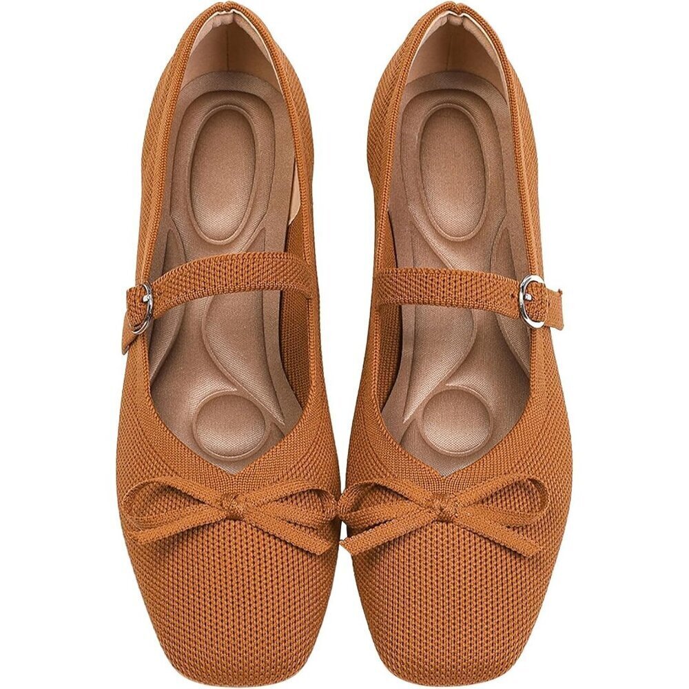Women Brown Fabric Upper And Rubber Sole Casual Ballet Flats With Ankle Strap